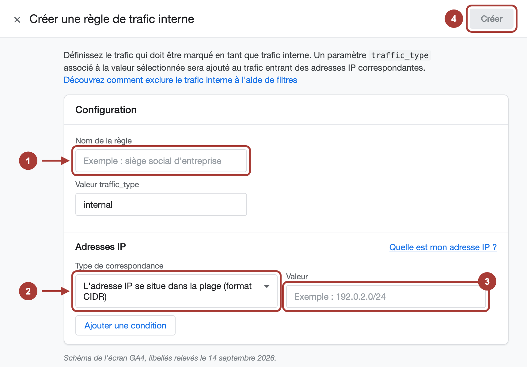 Le formulaire Créer une règle de trafic interne dans GA4, avec le nom de la règle, la valeur traffic_type, le type de correspondance, la valeur de l'adresse IP et le bouton Créer