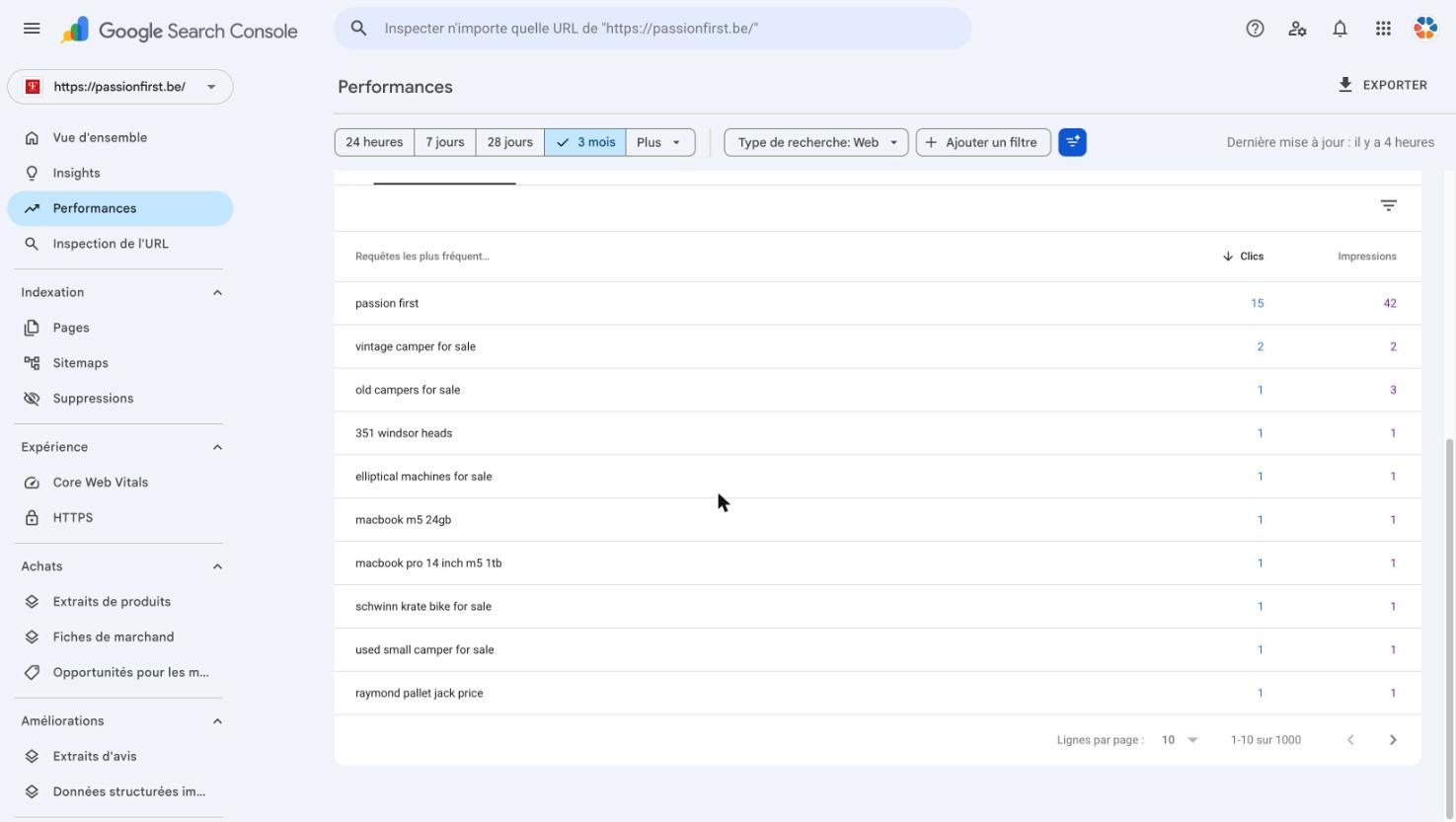 Search Console de passionfirst.be : requêtes comme vintage camper for sale, elliptical machines for sale, macbook pro m5