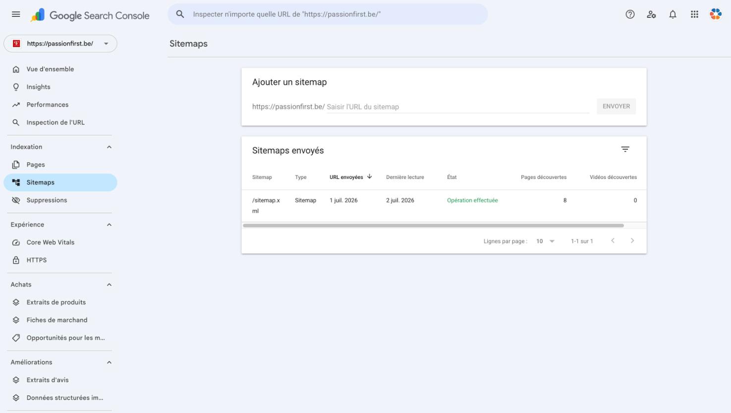 Search Console Sitemaps de passionfirst.be : une seule sitemap propre déclarant 8 pages, opération effectuée
