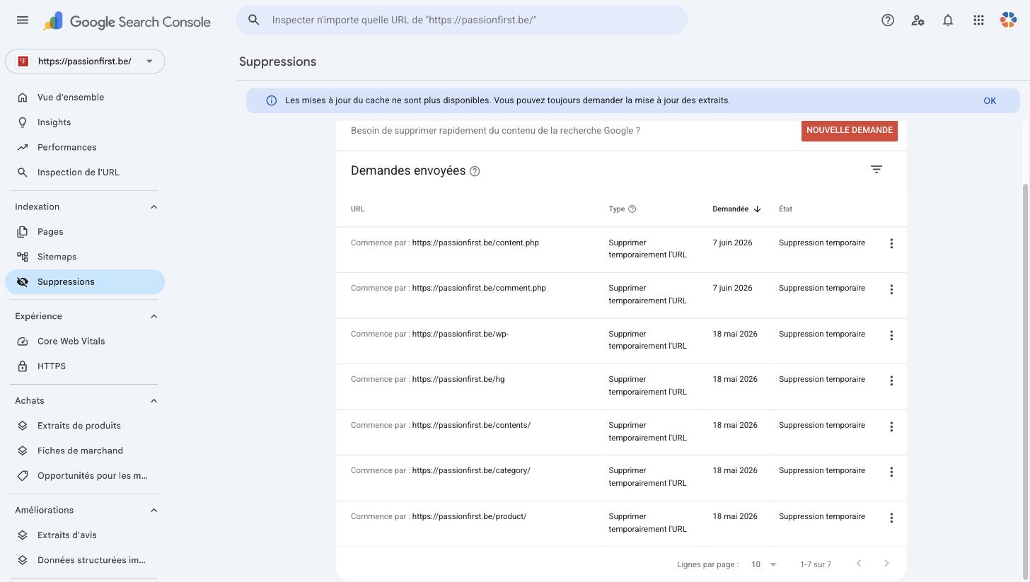 Search Console, outil Suppressions : 7 demandes de retrait d'URL déposées pour /product/, /category/, /comment.php, /wp-